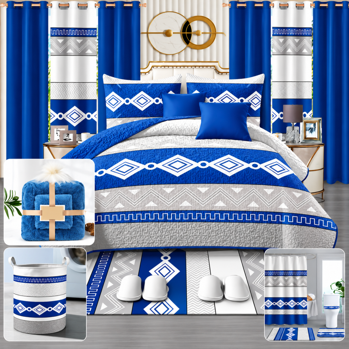 24-Piece Luxury Bedding Set with Matching Curtains & Bathroom Accessories – Royal Blue Geometric Elegance Clessenza Beauty Store
