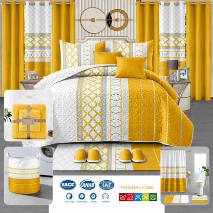 24-Piece Luxury King Size Bedding Set with Matching Curtains & Bathroom Accessories – Golden Yellow Geometric Elegance Clessenza Beauty Store