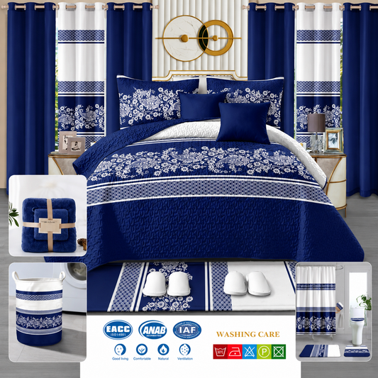 24-Piece Luxury King Size Bedding Set with Matching Curtains & Bathroom Accessories – Navy Blue Floral Elegance Clessenza Beauty Store