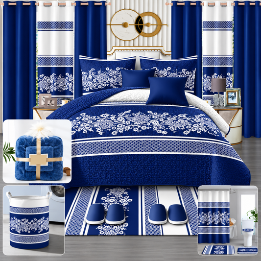 24-Piece Luxury King Size Bedding Set with Matching Curtains & Bathroom Accessories – Navy Blue Floral Elegance Clessenza Beauty Store