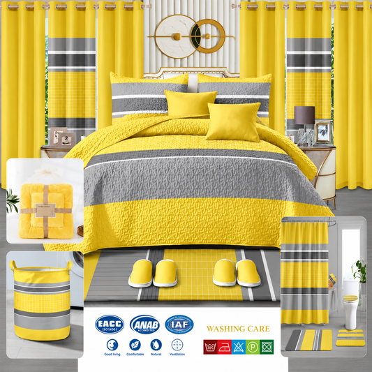 24-Piece Luxury King Size Bedding Set with Matching Curtains & Bathroom Accessories – Sunshine Yellow & Gray Modern Elegance Clessenza Beauty Store