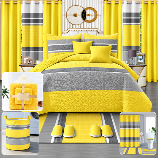 24-Piece Luxury King Size Bedding Set with Matching Curtains & Bathroom Accessories – Sunshine Yellow & Gray Modern Elegance Clessenza Beauty Store