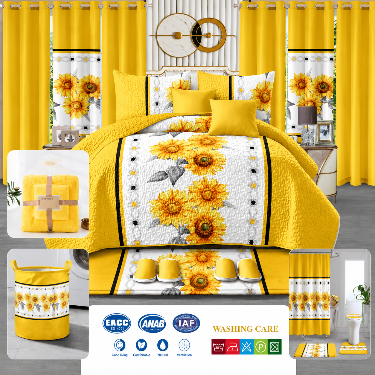 24-Piece Luxury King Size Bedding Set with Matching Curtains & Bathroom Accessories – Sunshine Yellow Sunflower Elegance Clessenza Beauty Store