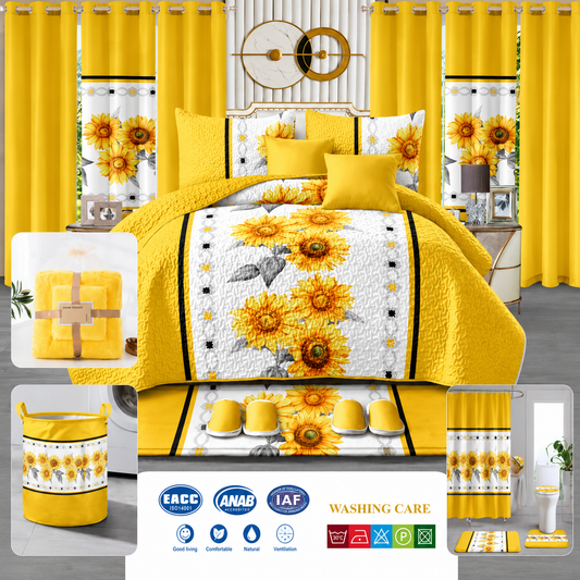 24-Piece Luxury King Size Bedding Set with Matching Curtains & Bathroom Accessories – Sunshine Yellow Sunflower Elegance Clessenza Beauty Store