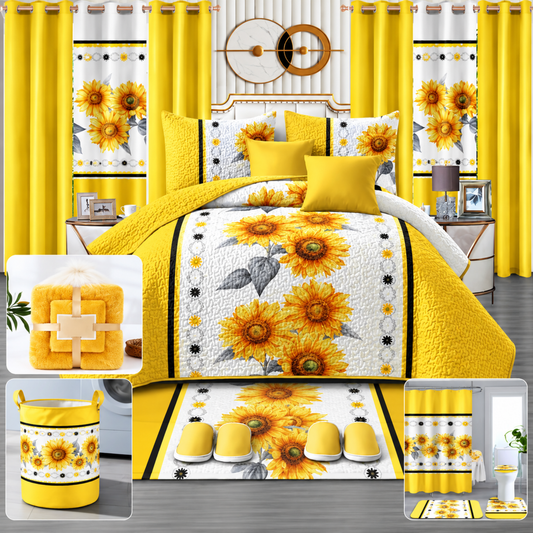 24-Piece Luxury King Size Bedding Set with Matching Curtains & Bathroom Accessories – Sunshine Yellow Sunflower Elegance Clessenza Beauty Store