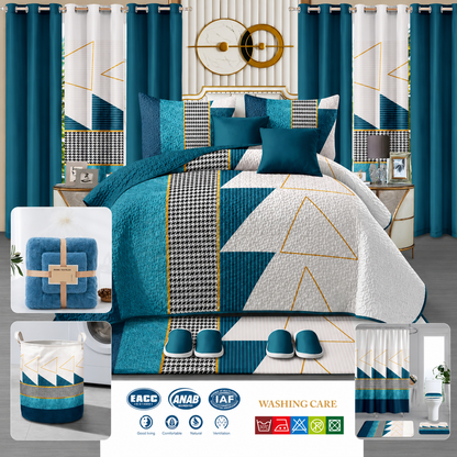 24-Piece Luxury King Size Bedding Set with Matching Curtains & Bathroom Accessories – Teal & Gold Geometric Elegance Clessenza Beauty Store