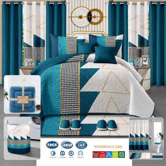 24-Piece Luxury King Size Bedding Set with Matching Curtains & Bathroom Accessories – Teal & Gold Geometric Elegance Clessenza Beauty Store
