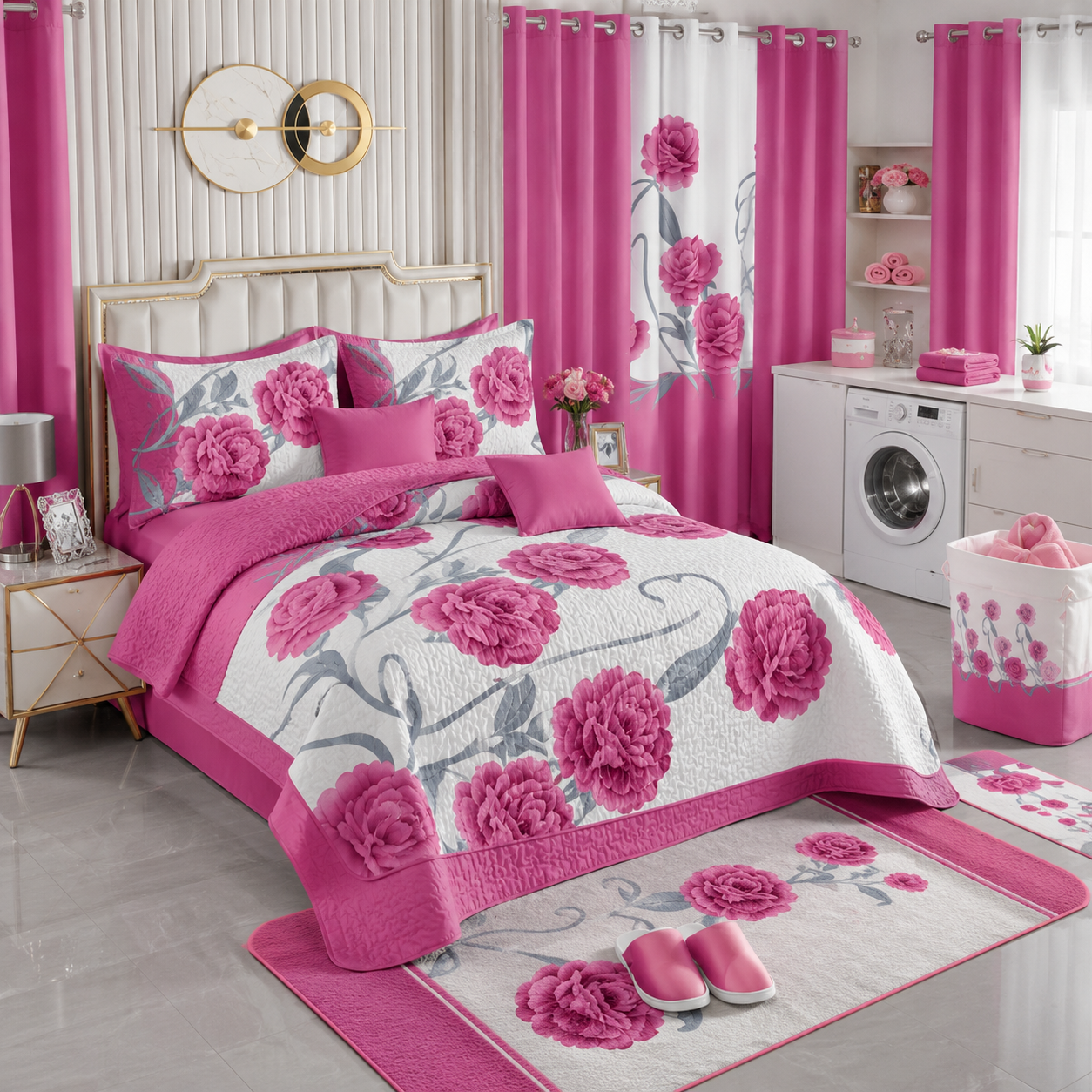 Ensemble de Literie Luxe Floral Rose 24 Pièces King avec Rideaux et Accessoires de Salle de Bain