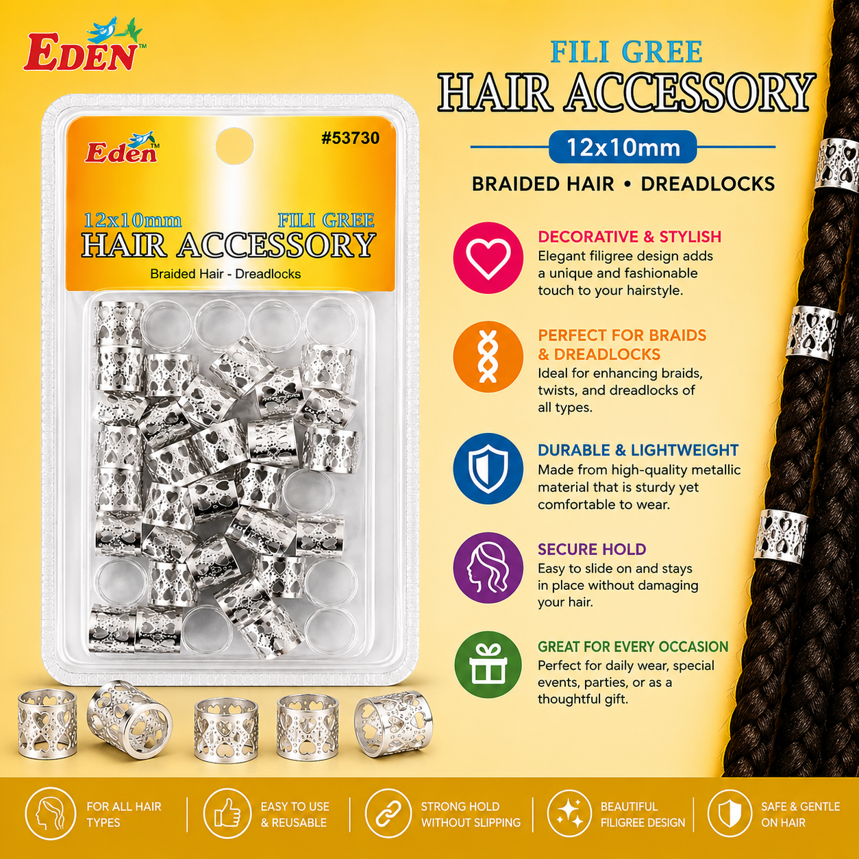 Eden – Anneaux Filigranés Argentés 12 × 10 mm Accessoires Décoratifs pour Tresses et Dreadlocks