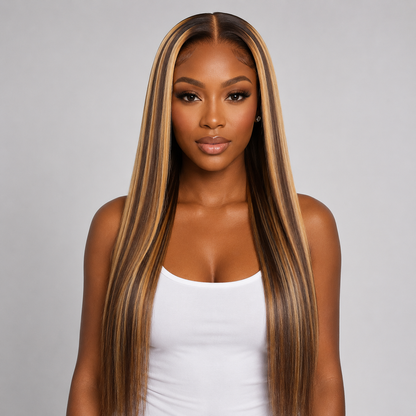 24″ Human Hair Lace Front Wig – Straight Texture, 13×4 HD Lace, #4/27 Highlight