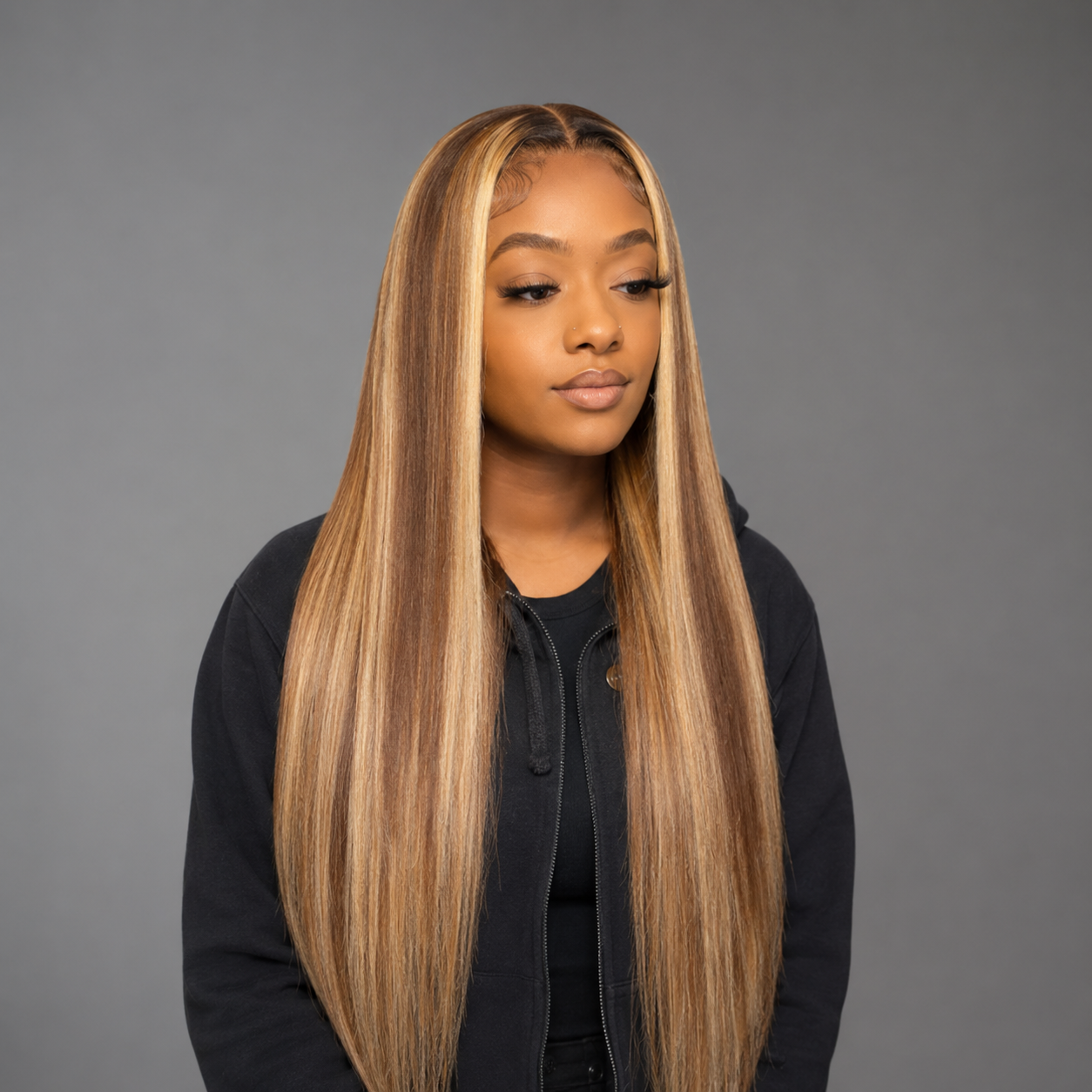 24-inch straight 13x4 HD lace front human hair wig featuring #4/27 honey blonde highlights, pre-plucked hairline, transparent HD lace, and silky straight texture with natural dark roots.