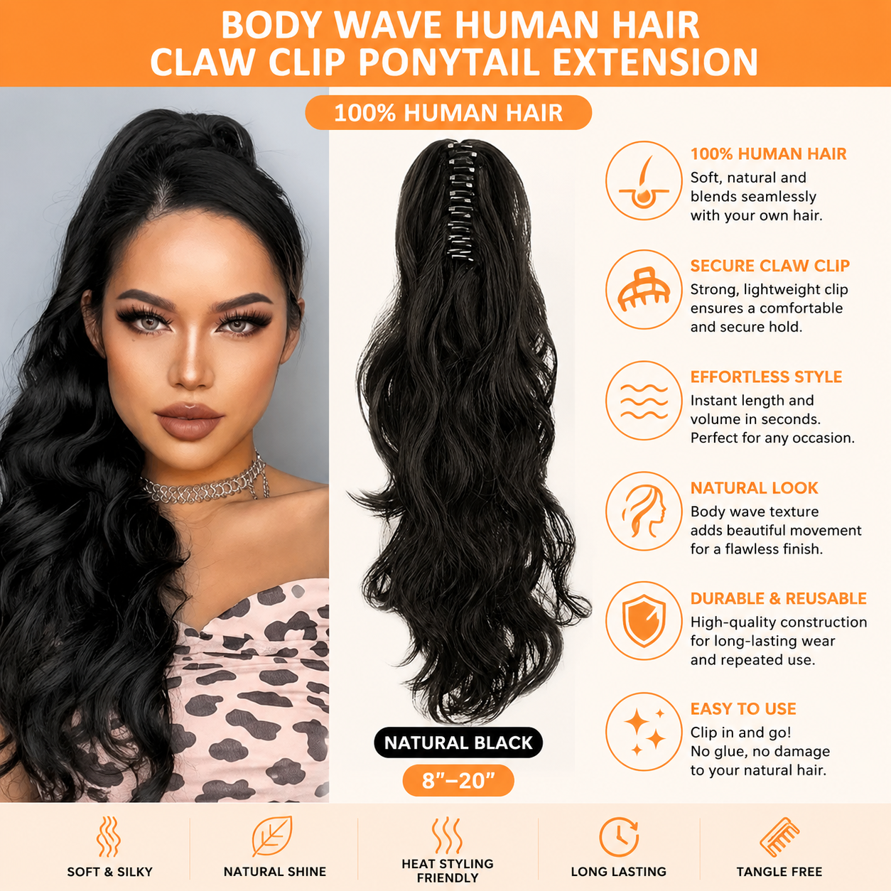 Body Wave Human Hair Claw Clip Ponytail Extension