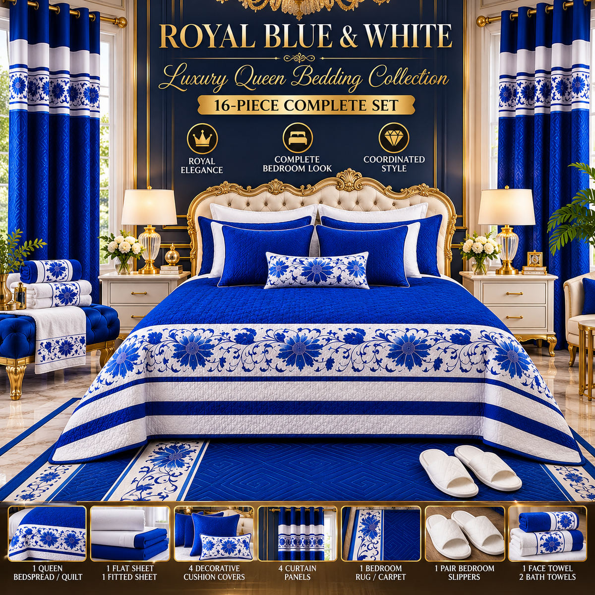16-Piece Luxury Queen Size Bedding Set with Matching Curtains – Royal Blue & White Floral Elegance Clessenza Beauty Store