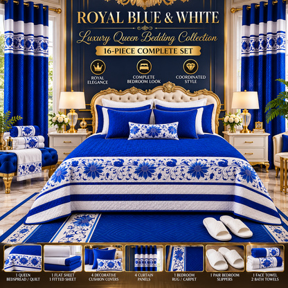 16-Piece Luxury Queen Size Bedding Set with Matching Curtains – Royal Blue & White Floral Elegance Clessenza Beauty Store