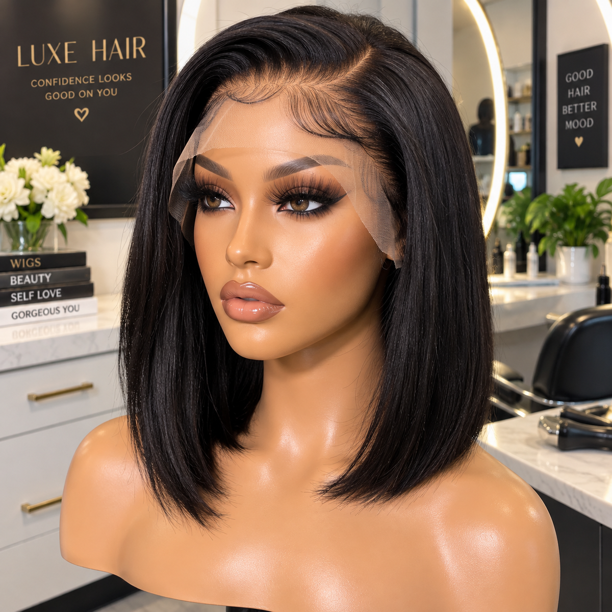 13×4 Lace Front Human Hair Bob Wig – 12″ Straight – Natural Black – 150% Density Clessenza Beauty Store
