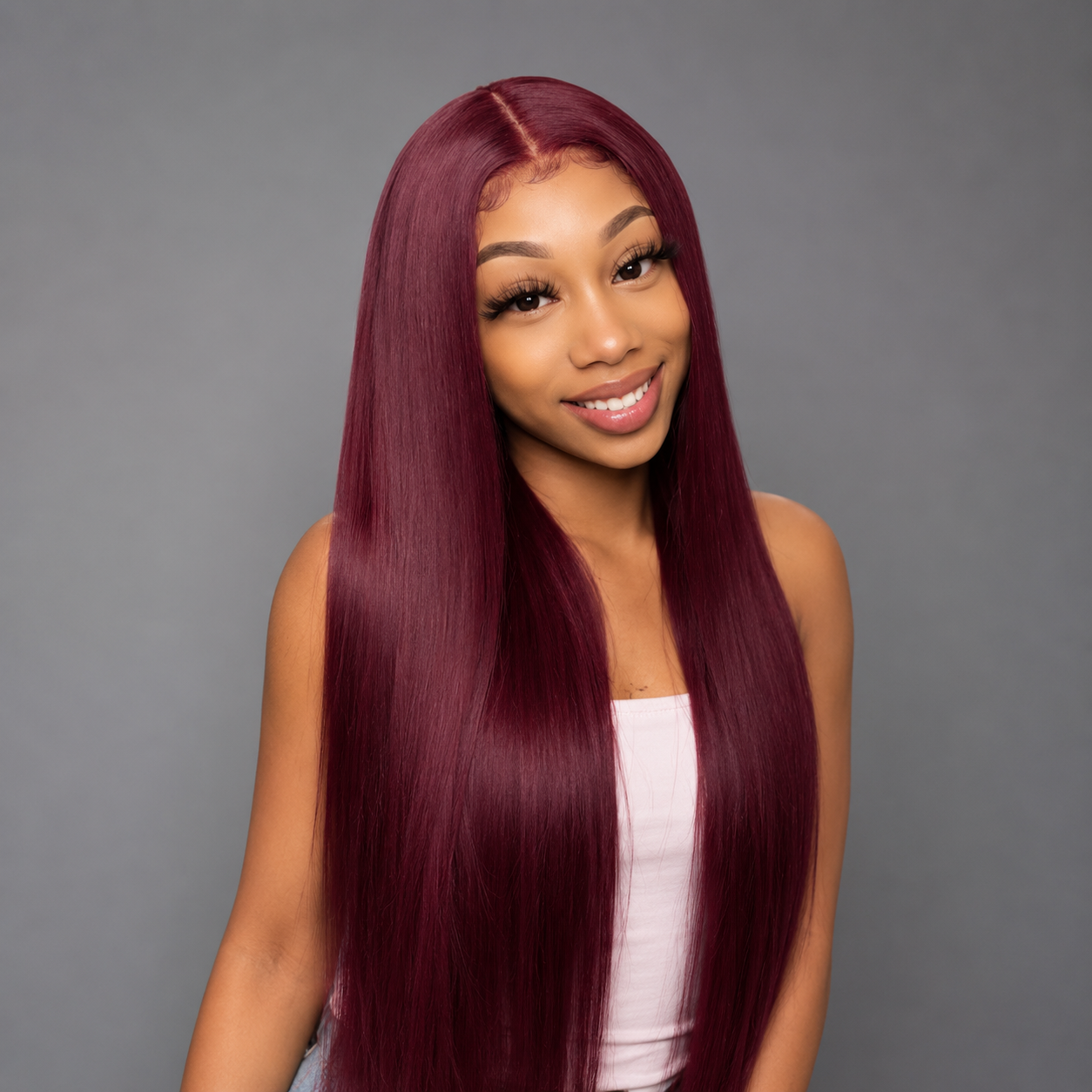 Perruque Lace Front HD 13x4 Cheveux Humains Lisses 26 po – Bourgogne 99J, Pré-Épilée