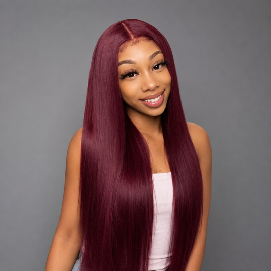 Perruque Lace Front HD 13x4 Cheveux Humains Lisses 26 po – Bourgogne 99J, Pré-Épilée