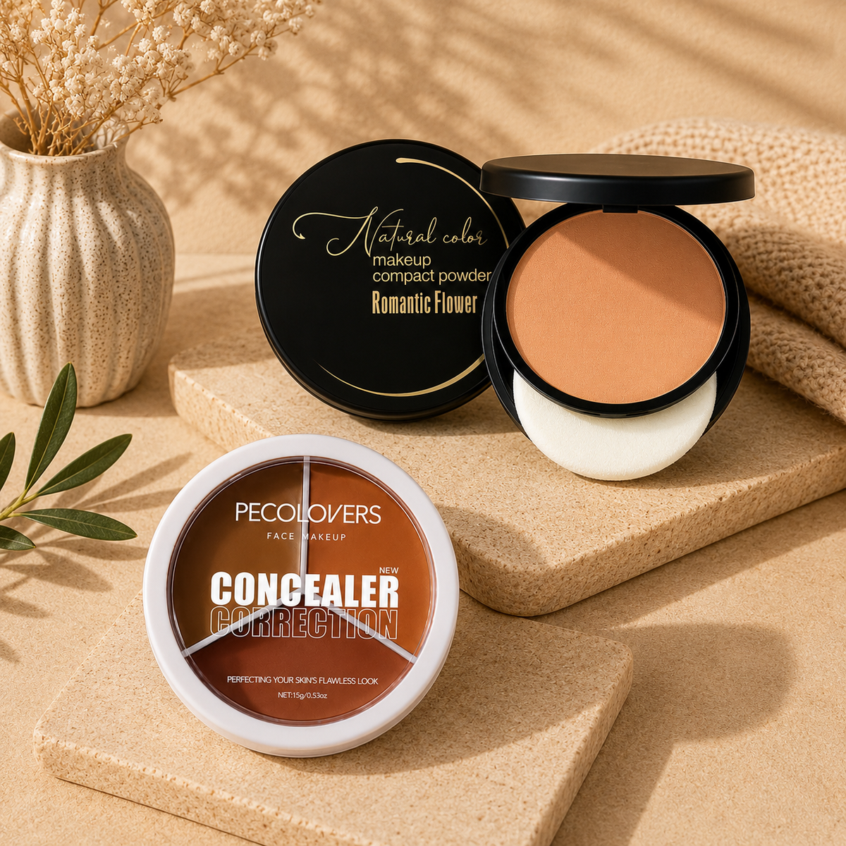 Pecolovers Concealer Correction & Romantic Flower Compact Powder Set – Full Coverage Face Makeup Duo Clessenza Beauty Store