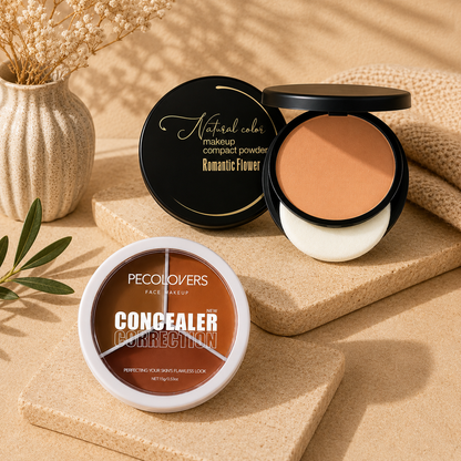Pecolovers Concealer Correction & Romantic Flower Compact Powder Set – Full Coverage Face Makeup Duo Clessenza Beauty Store