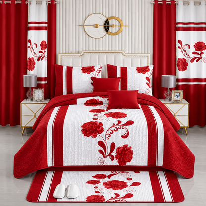 Ensemble de Literie Luxe Floral Rouge 24 Pièces King avec Rideaux et Accessoires de Salle de Bain