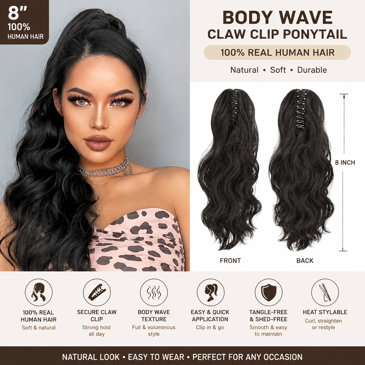Extension Ponytail Body Wave à pince griffe en cheveux humains 100 % naturels