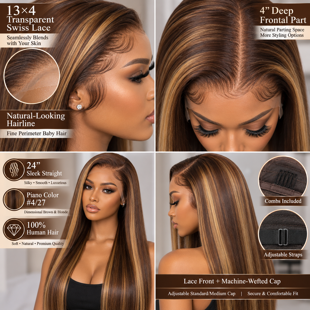 13×4 Lace Front Human Hair Wig – Sleek Straight Piano Color 24″ #4/27 Clessenza Beauty Store