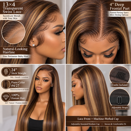 13×4 Lace Front Human Hair Wig – Sleek Straight Piano Color 24″ #4/27 Clessenza Beauty Store