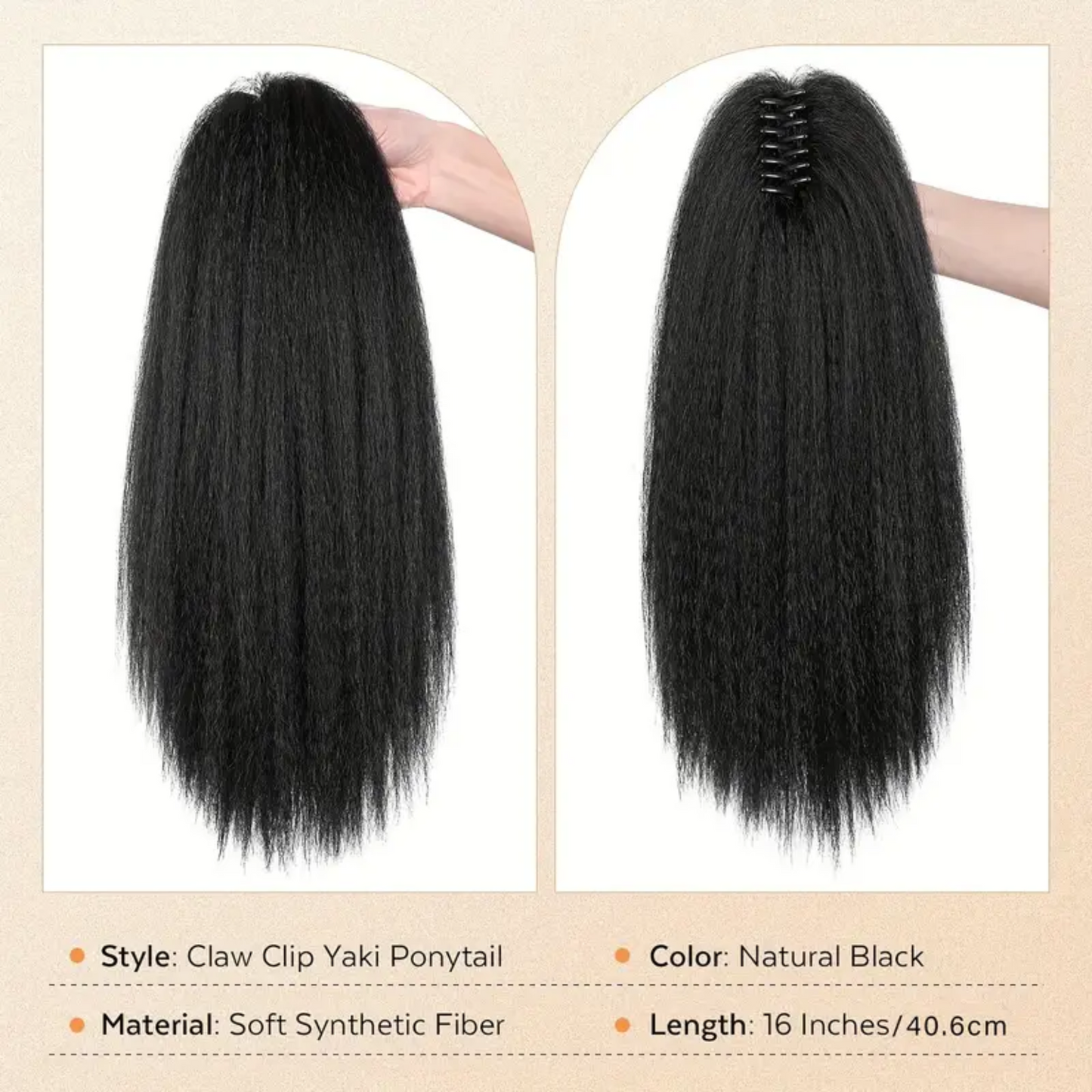 16 inch Natural Black Kinky Straight Ponytail Hair Extensions w/ Claw Clip