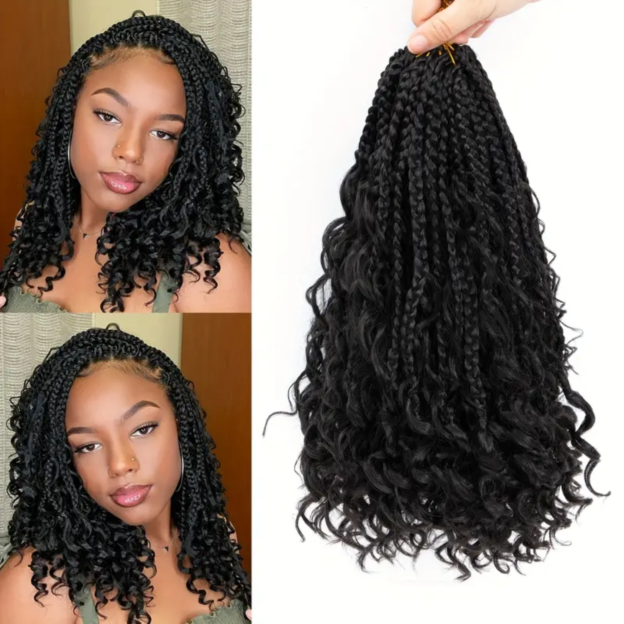 Short Boho Box Braids with Curly Ends – 12 Inch Pre-Looped Crochet Hair