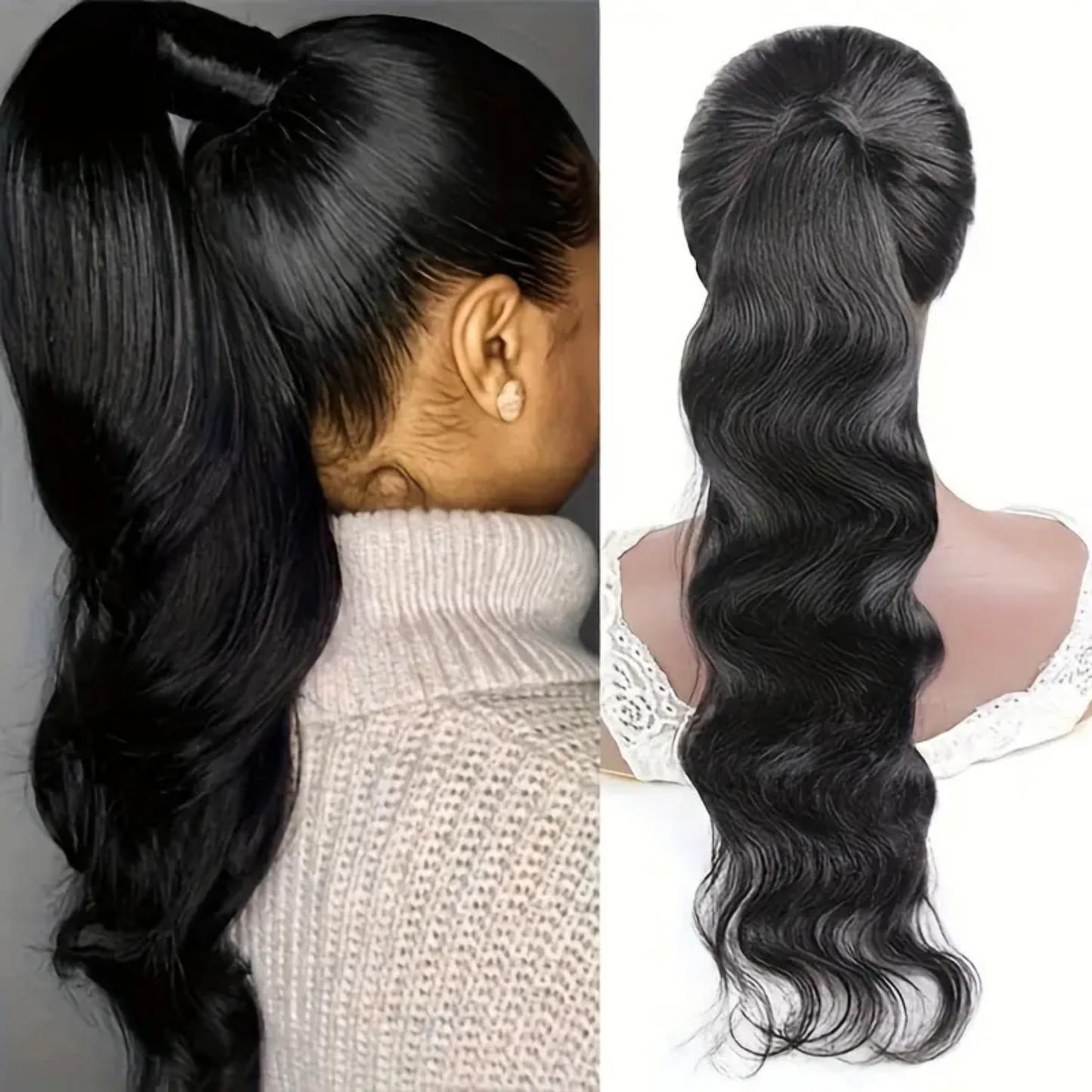 Ultimate Elegance: 16-inch Long Luxurious Natural Human Hair Body Wave Wrap Around Clip In, Ponytail Extension