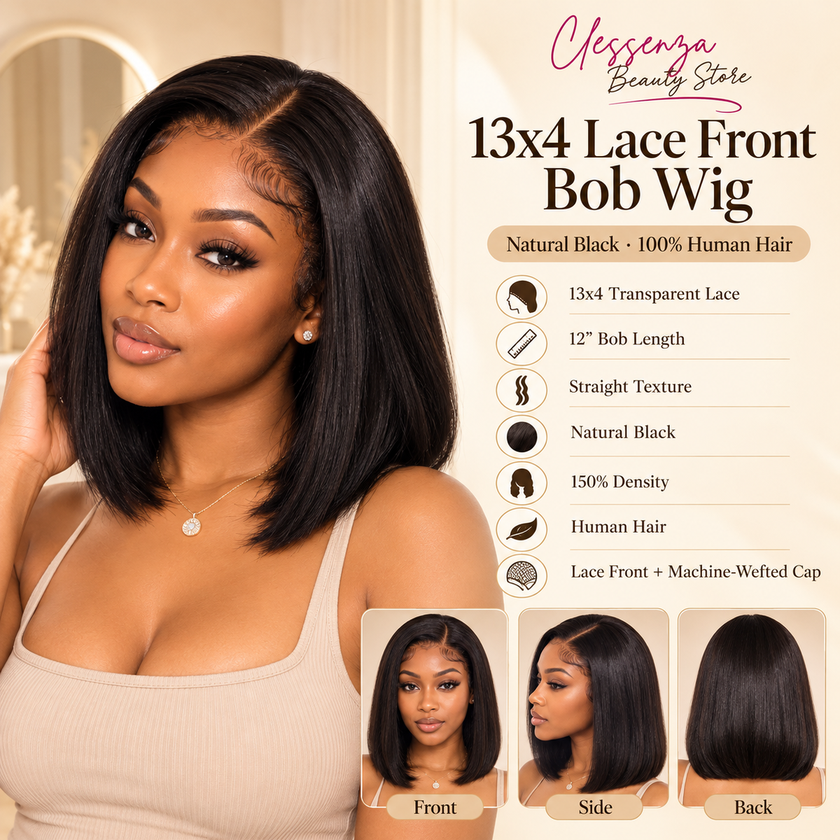 13×4 Lace Front Human Hair Bob Wig – 12″ Straight – Natural Black – 150% Density Clessenza Beauty Store