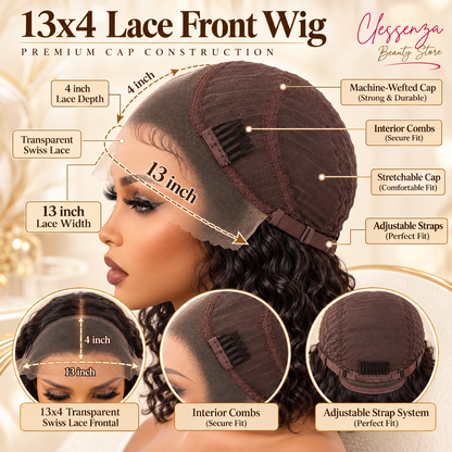 13×4 Lace Front Human Hair Bob Wig – Defined Water Wave 14″ – Natural Black Clessenza Beauty Store