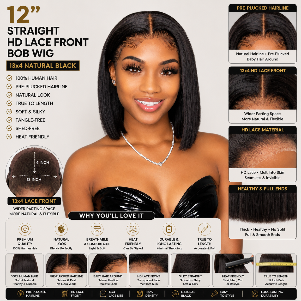 12″ Straight HD Lace Front Human Hair Bob Wig – 13x4 Natural Black