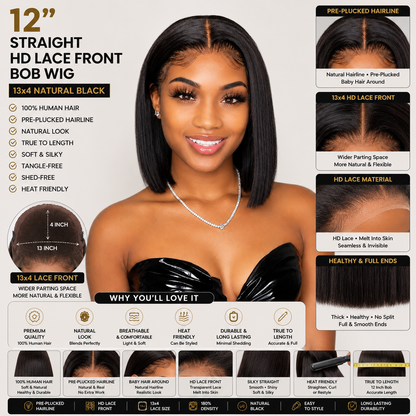 12″ Straight HD Lace Front Human Hair Bob Wig – 13x4 Natural Black