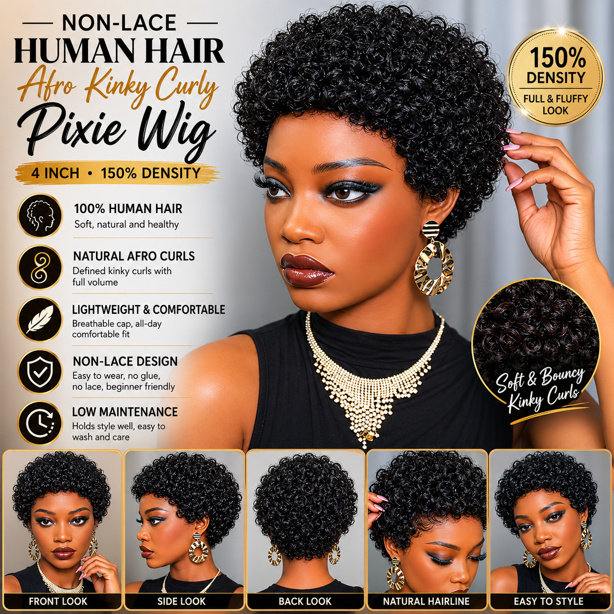 Non-Lace Human Hair Afro Kinky Curly Pixie Wig – 4 Inch Short Natural Style, 150% Density