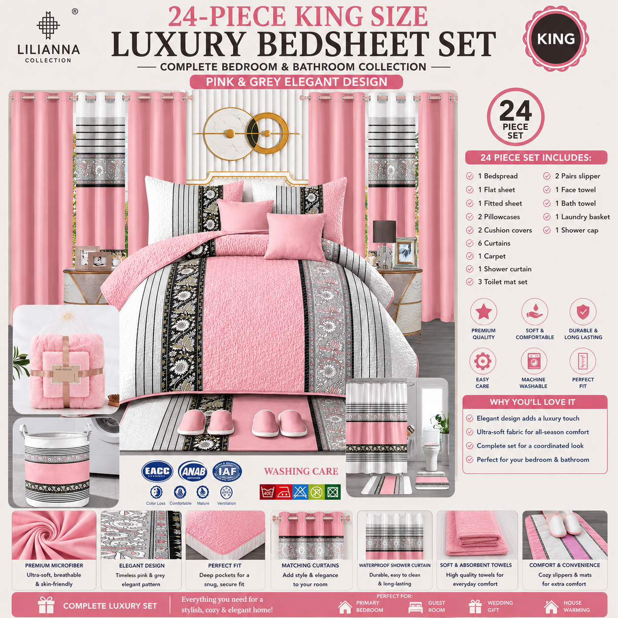 Ensemble de Literie de Luxe King 24 Pièces avec Rideaux et Accessoires de Salle de Bain – Motif Élégant Rose et Gris