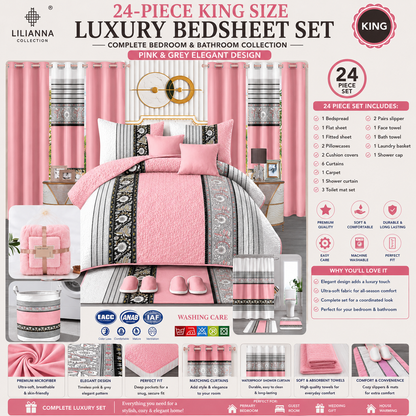 Ensemble de Literie de Luxe King 24 Pièces avec Rideaux et Accessoires de Salle de Bain – Motif Élégant Rose et Gris