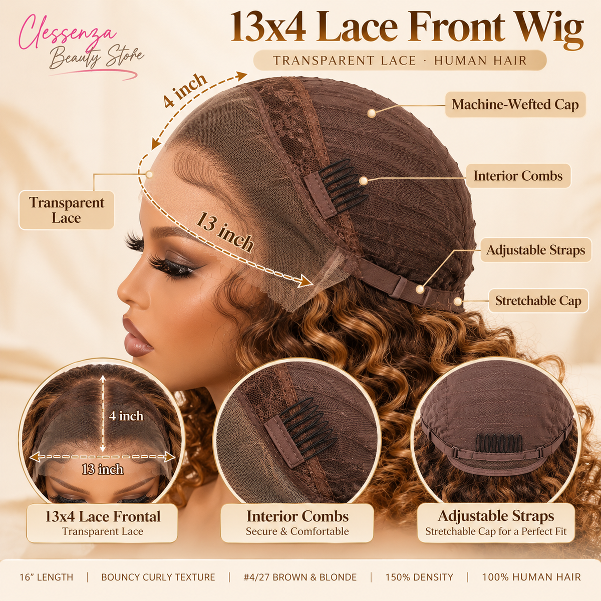 13×4 Lace Front Human Hair Wig – 16″ Bouncy Curly – #4/27 Brown & Blonde – 150% Density Clessenza Beauty Store