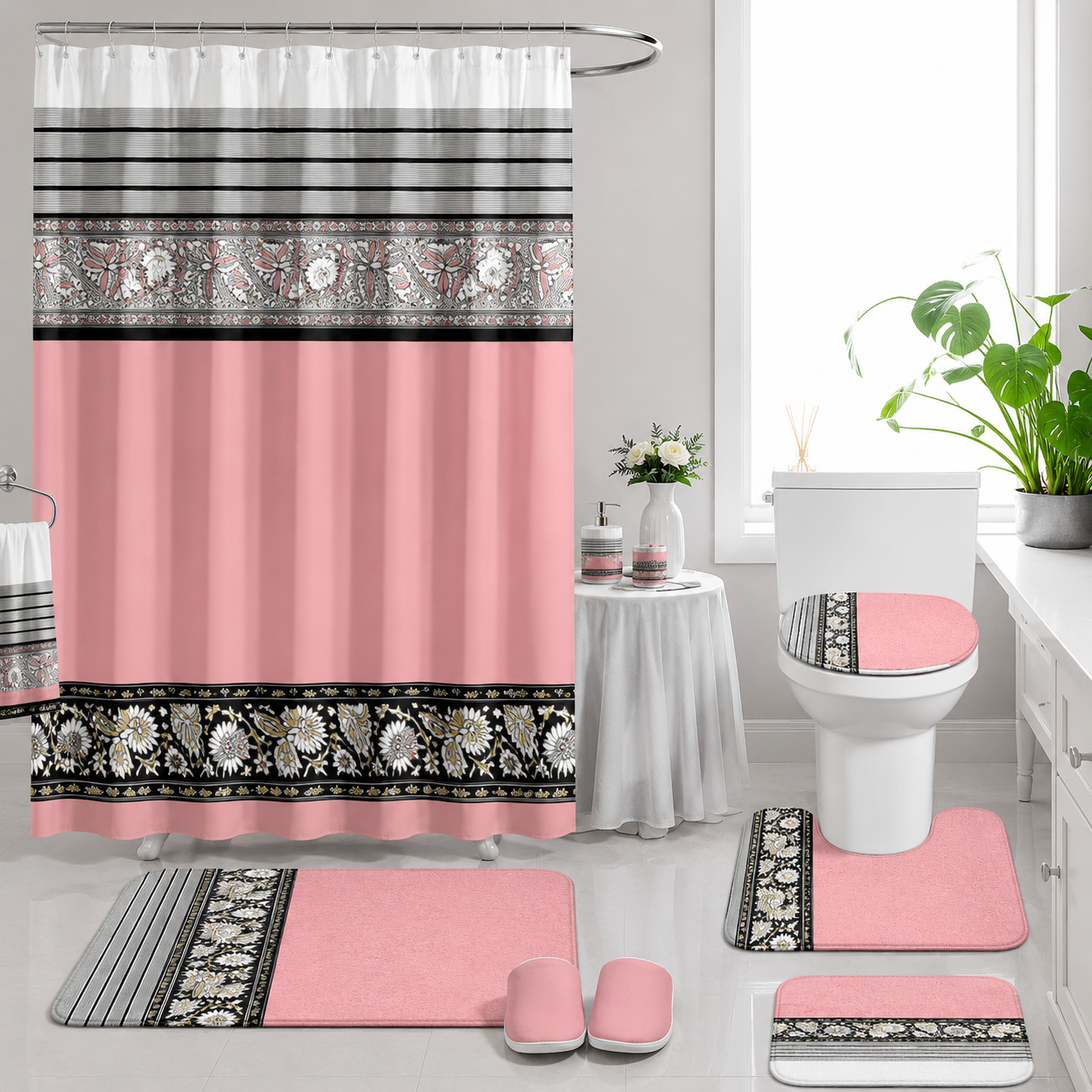 Ensemble de literie King 24 pièces avec rideaux assortis – Collection luxueuse ornée rose poudré