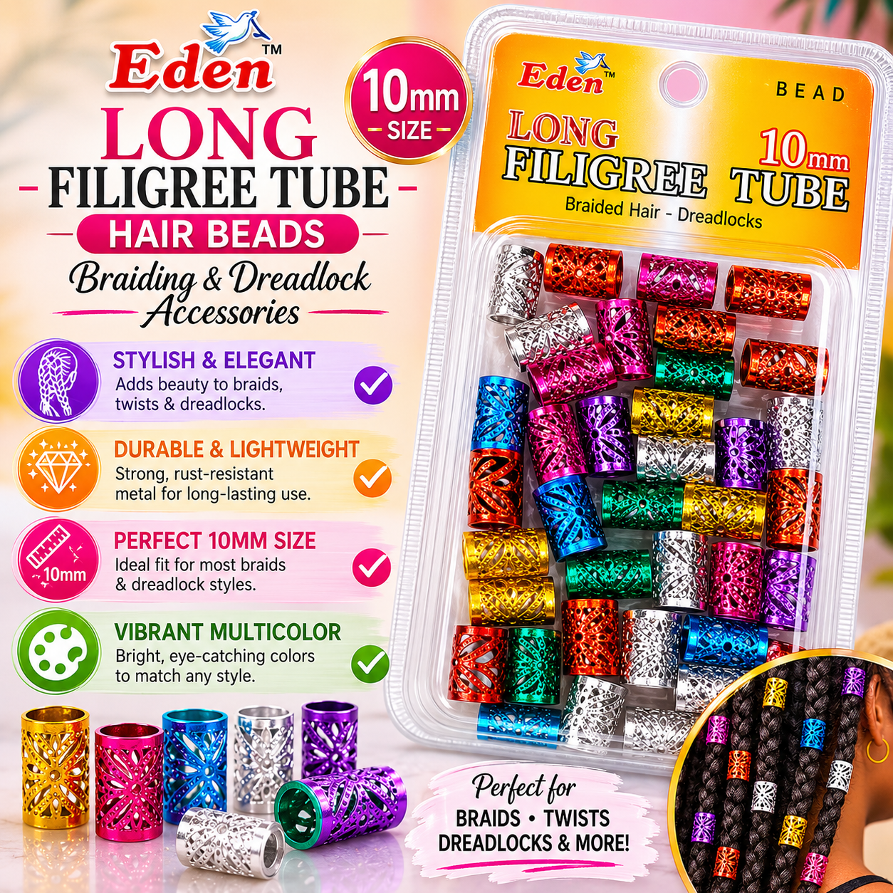 Eden – Long Filigree Tube Hair Beads, 10mm Braiding & Dreadlock Accessories (Multicolor)