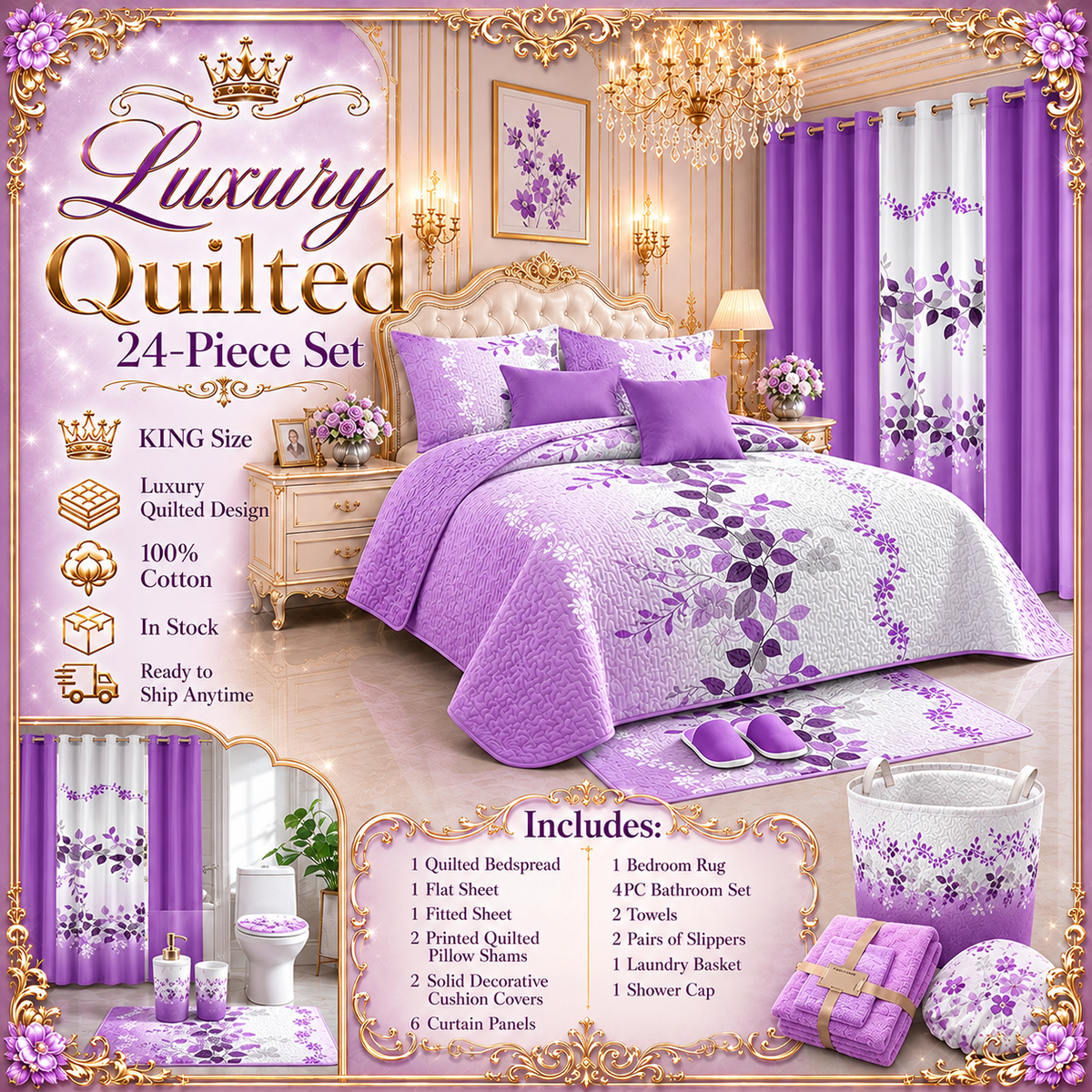 24-Piece King Size Luxury Bedding Set with Curtains & Bathroom Accessories – Purple Floral Design Clessenza Beauty Store
