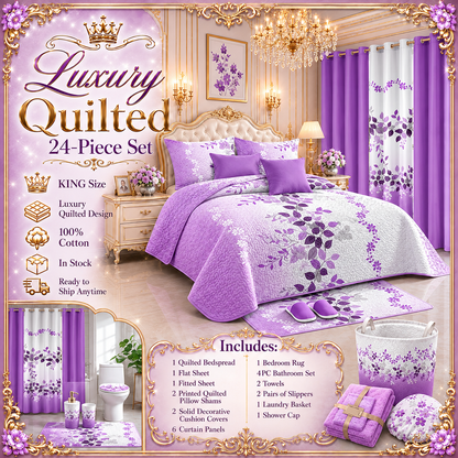 24-Piece King Size Luxury Bedding Set with Curtains & Bathroom Accessories – Purple Floral Design Clessenza Beauty Store