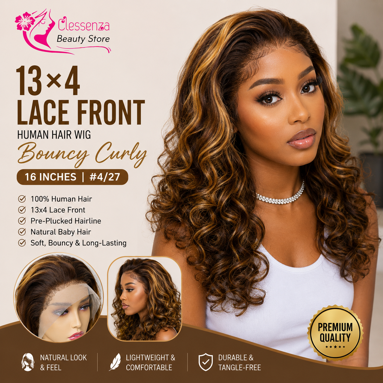 13×4 Lace Front Human Hair Wig – Bouncy Curly 16″ #4/27 Clessenza Beauty Store
