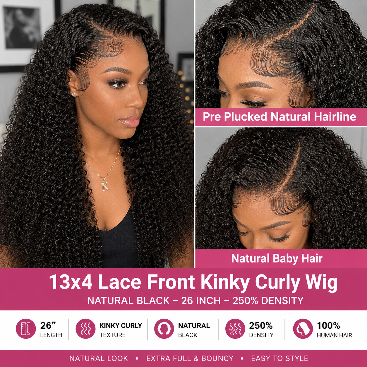 13×4 Lace Front Human Hair Wig – Kinky Curly 26″ – Natural Black – 250% Density Clessenza Beauty Store