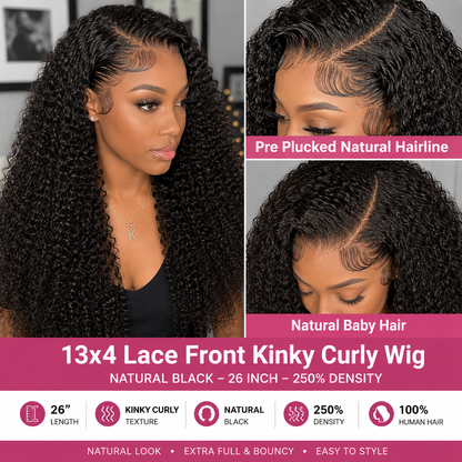 13×4 Lace Front Human Hair Wig – Kinky Curly 26″ – Natural Black – 250% Density Clessenza Beauty Store