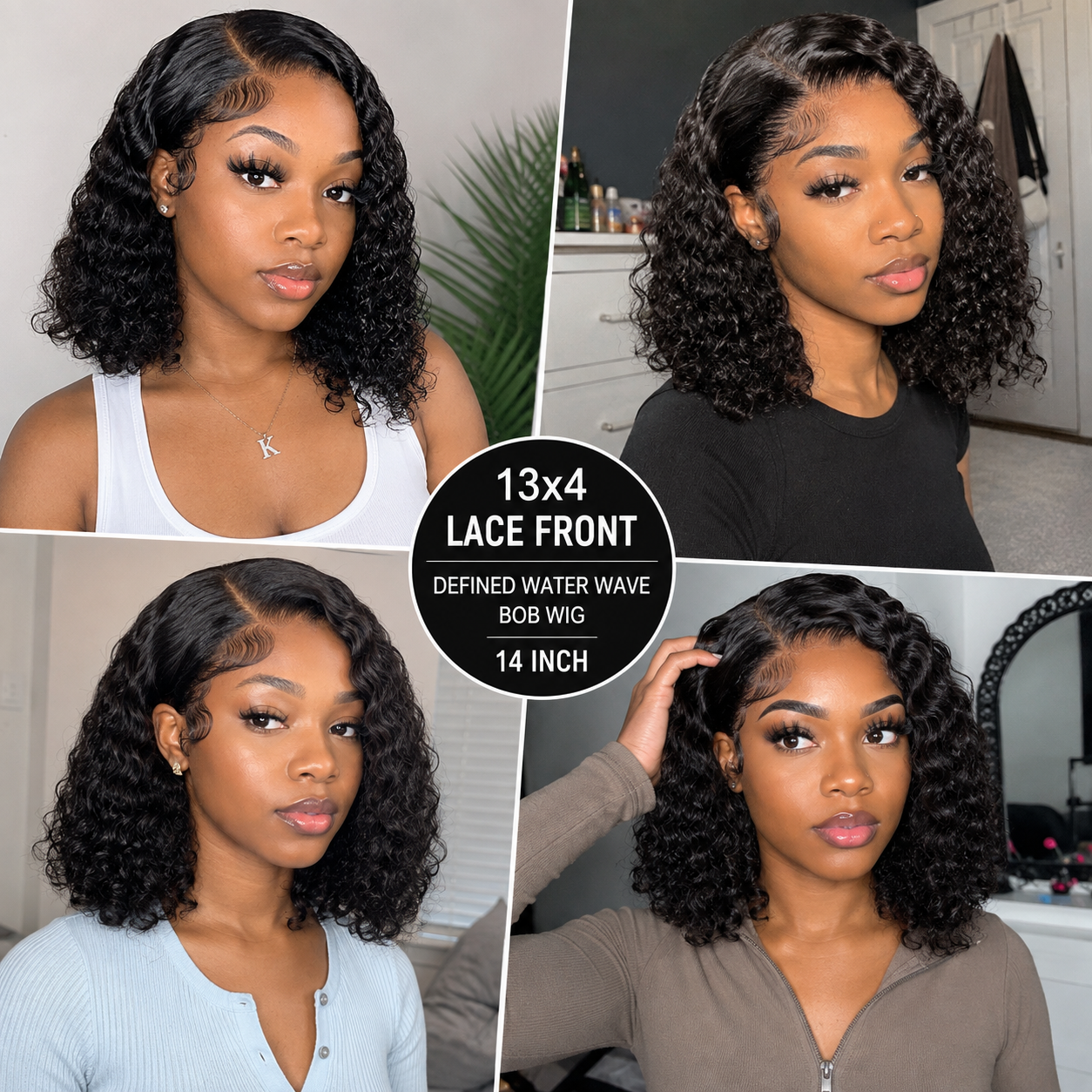 13×4 Lace Front Human Hair Bob Wig – Defined Water Wave 14″ – Natural Black Clessenza Beauty Store