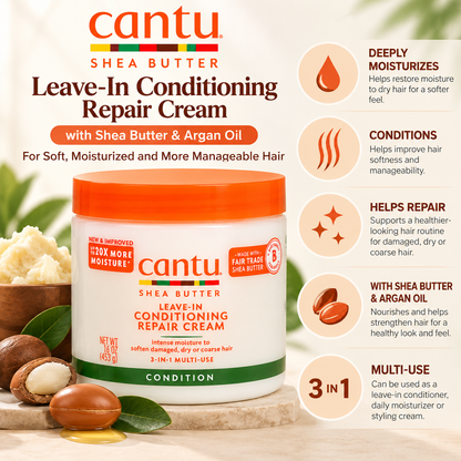 Cantu – Shea Butter Argan Oil Leave-In Conditioning Repair Cream, 16 Oz Cantu