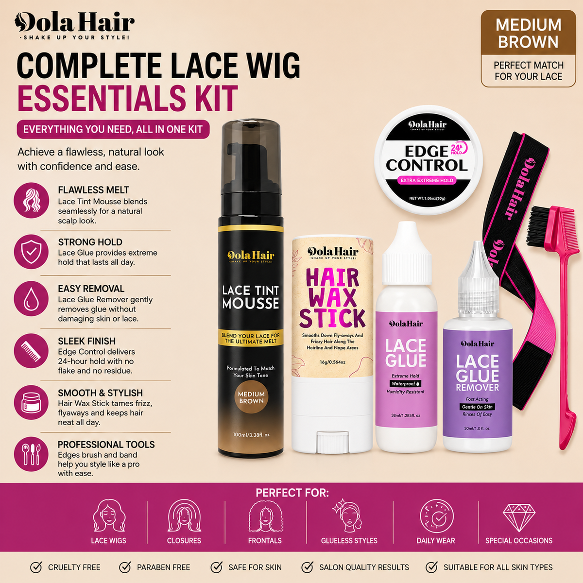 DolaHair Complete Lace Wig Essentials Kit – Lace Tint Mousse, Wig Glue, Glue Remover, Hair Wax Stick, Edge Control & Styling Tools DolaHair
