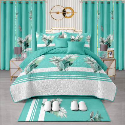 Ensemble de Literie Luxe Floral Turquoise 24 Pièces King avec Rideaux et Accessoires de Salle de Bain