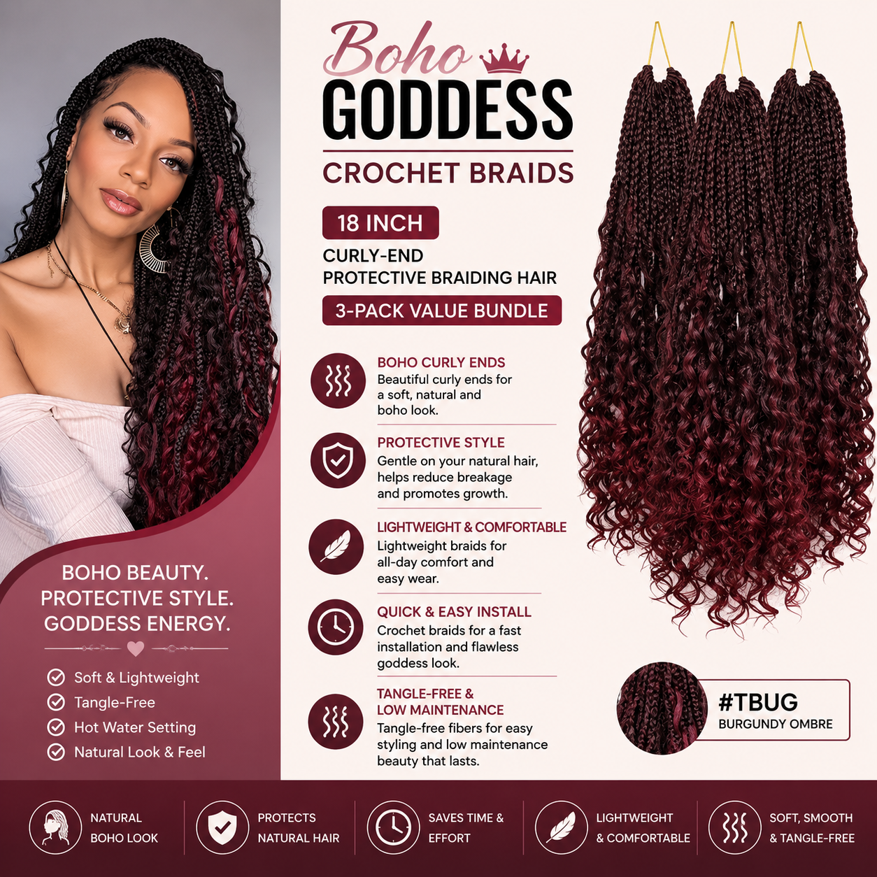Boho Goddess Crochet Braids 18″ – Curly-End Protective Braiding Hair, Color #TBUG Burgundy Ombre | 3-Pack Value Bundle Clessenza Beauty Store